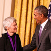 Ann Hamilton is congratulated by President Barack Obama on her National Medal of Arts award.