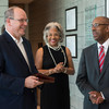 Prince Albert II of Monaco (left) is greeted by Ohio State President Michael V. Drake at the beginning of his visit to the university on Tuesday, August 30. Looking on is Congresswoman Joyce Beatty.