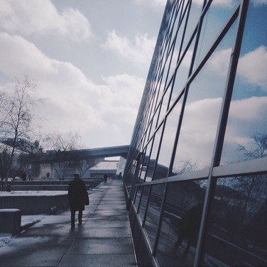 The RPAC windows provide a canvas for the winter sky as seen by mathematics student Huili Li.