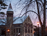 Orton Hall in winter in the evening