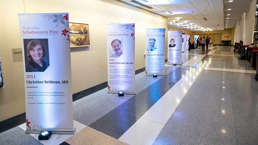 Popup banners in a hallway.