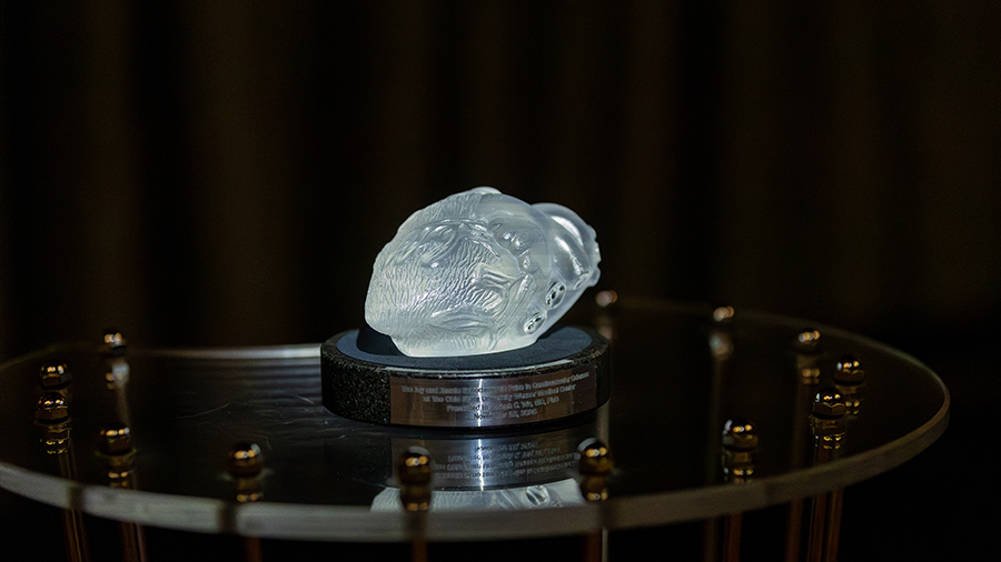 Glass award in the shape of a heart. 
