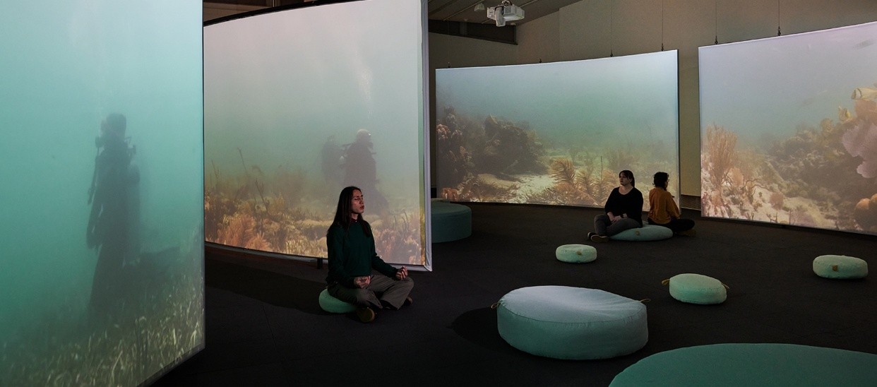 People sitting on floor cushions in a dark room surrounded by large screens displaying underwater scenes.
