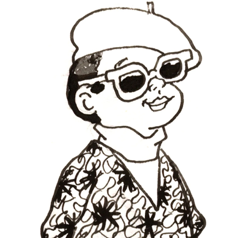 Black and white cartoon drawing of a man wearing a hat, sunglasses and wild print shirt