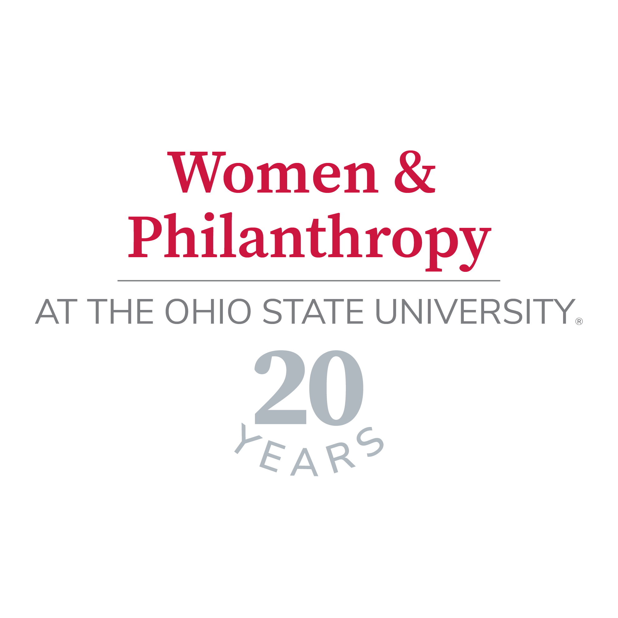 Logo for Women & Philanthropy at The Ohio State University with a “20 Years” anniversary mark.