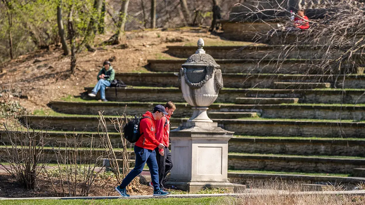 students sitting on a grass covered staircase outdoors on ohio state's campus