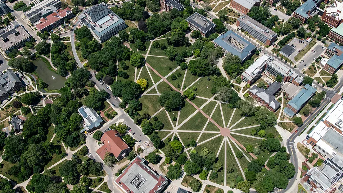 Aerial view of the Oval pathways on Ohio States campus