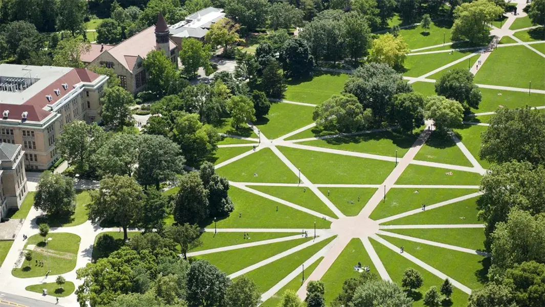 Aerial view of the Oval pathways on Ohio States campus