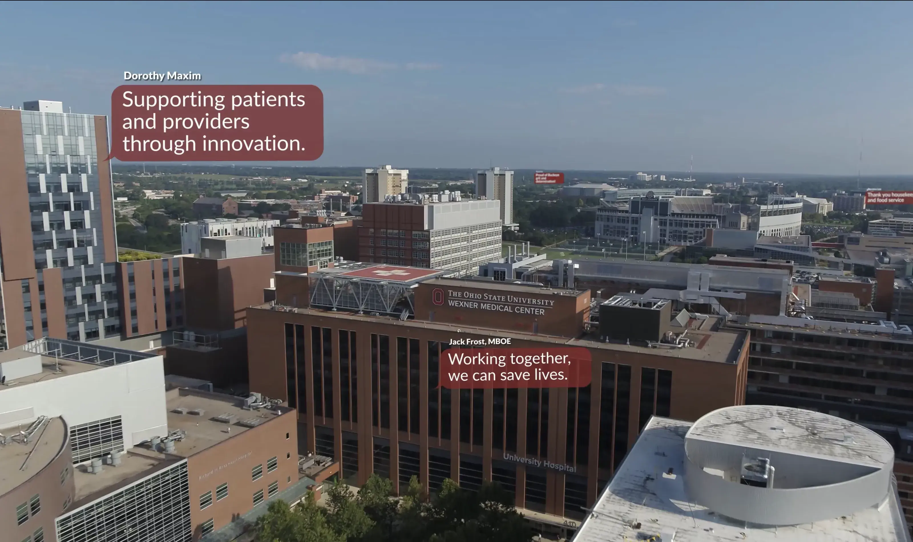 Aerial view of Wexner Medical Center with text bubbles overlayed