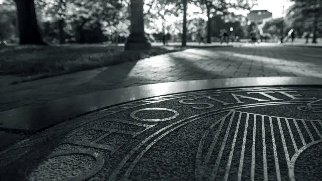 black and white image of the oval at The Ohio State