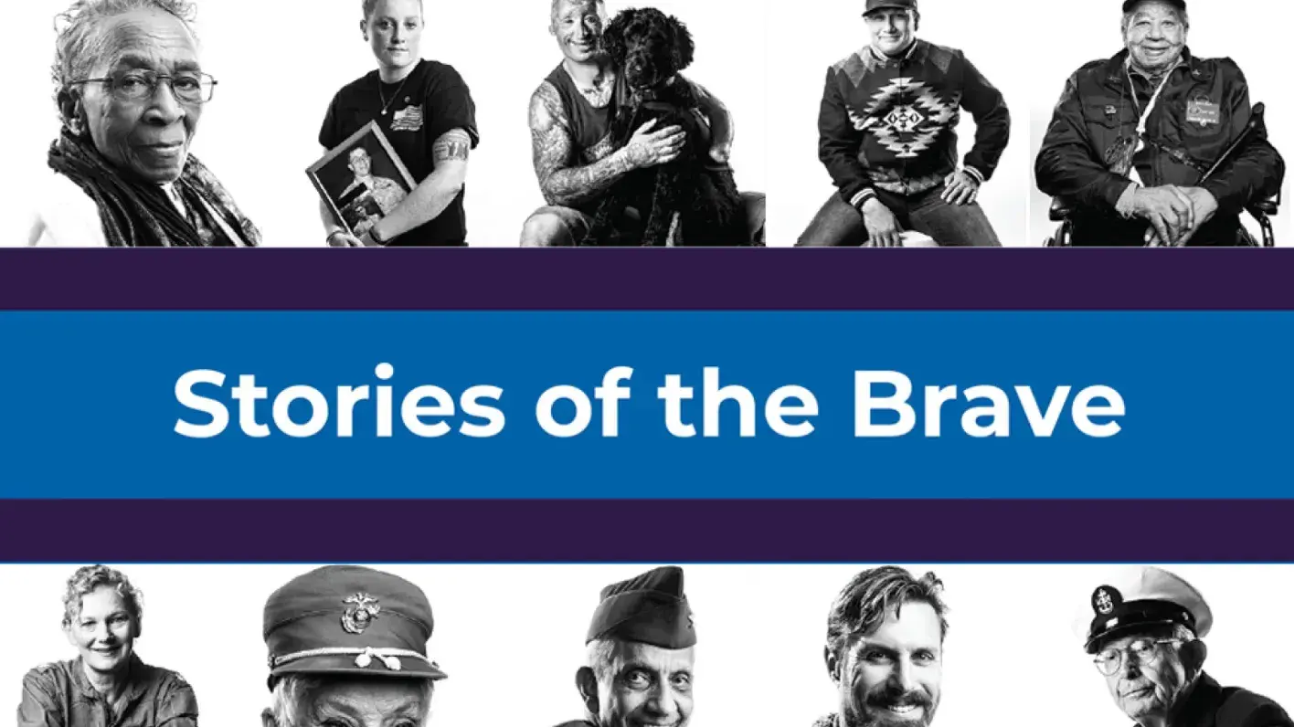 Image of war veterans with the text stories of the brave