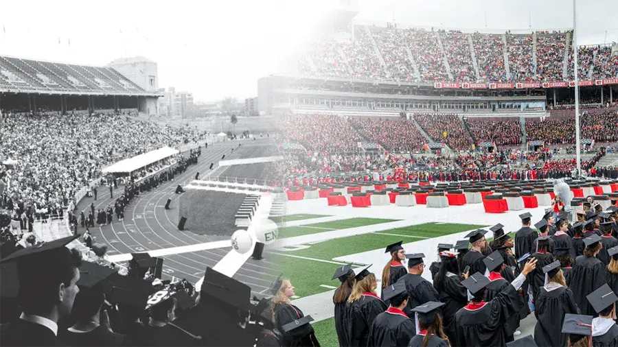 Black and white graduation image blended with a color image of graduation in Ohio Stadium.
