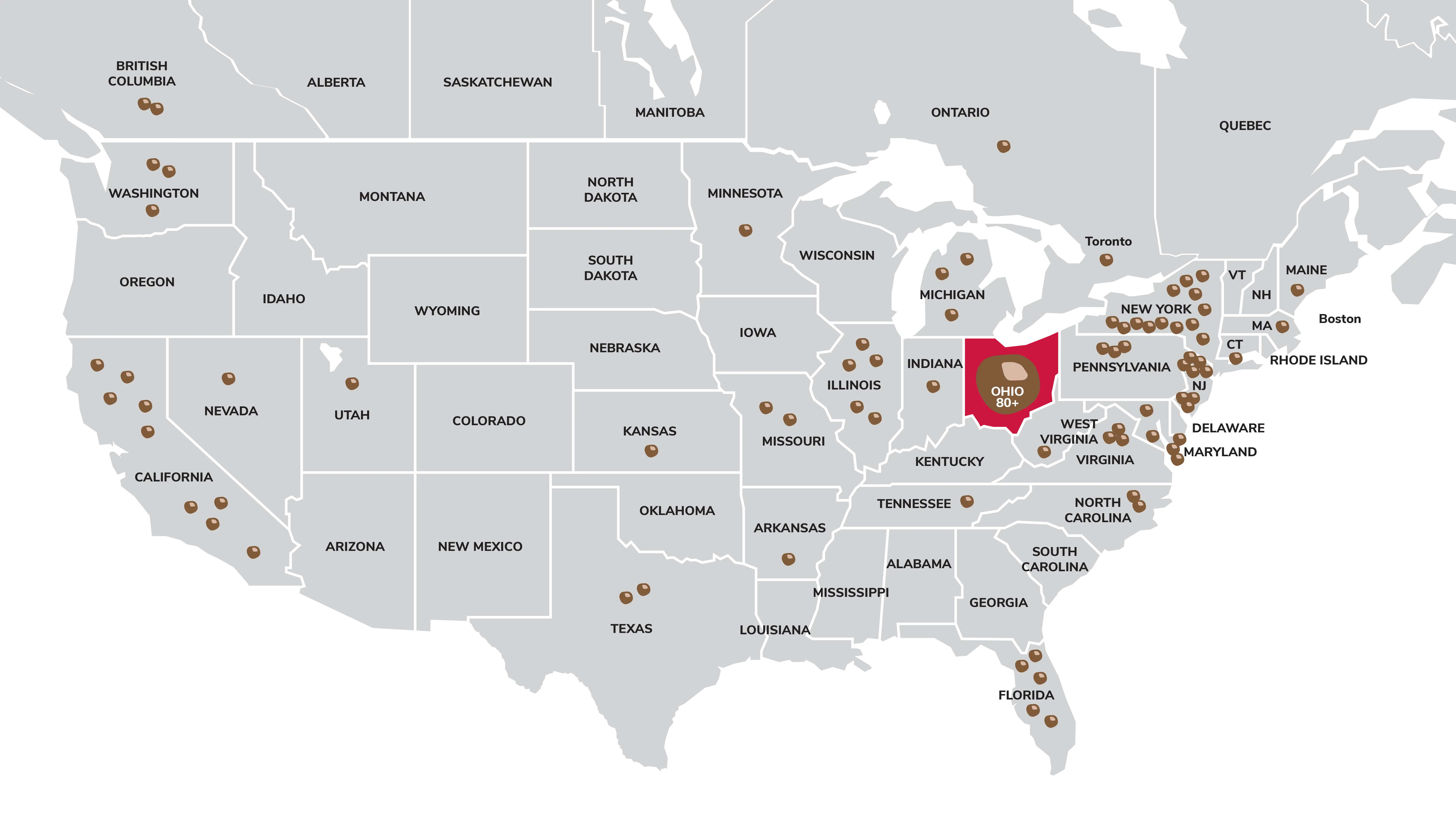 US map with brown location dots nationwide; Ohio is highlighted in red with a label “OHIO 80+,” indicating a high concentration there.