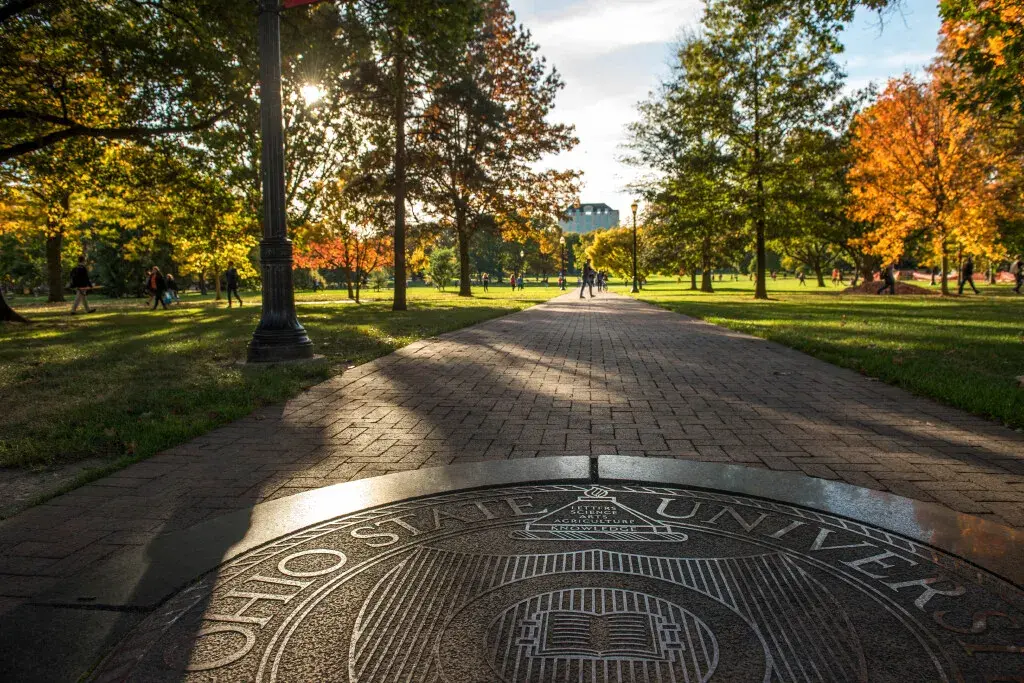 Closeup of The Ohio State University seal looking out over the Oval