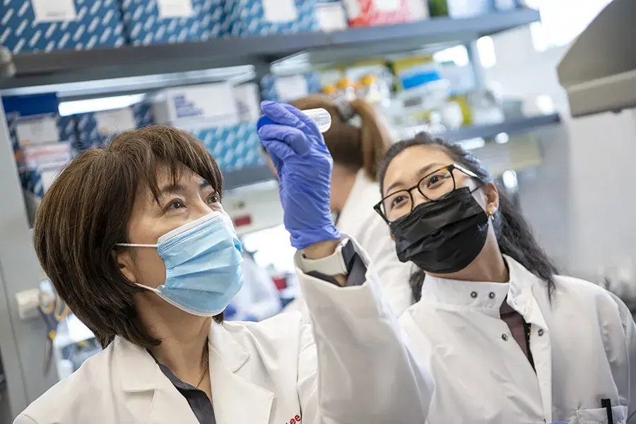 Two women wearing white lab coats look at a test tube in a lab