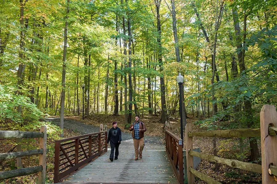 Two students walk outside on a bridge in the woods