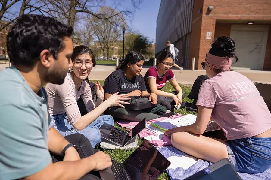 A group of several students sit outside studying and talking with each other