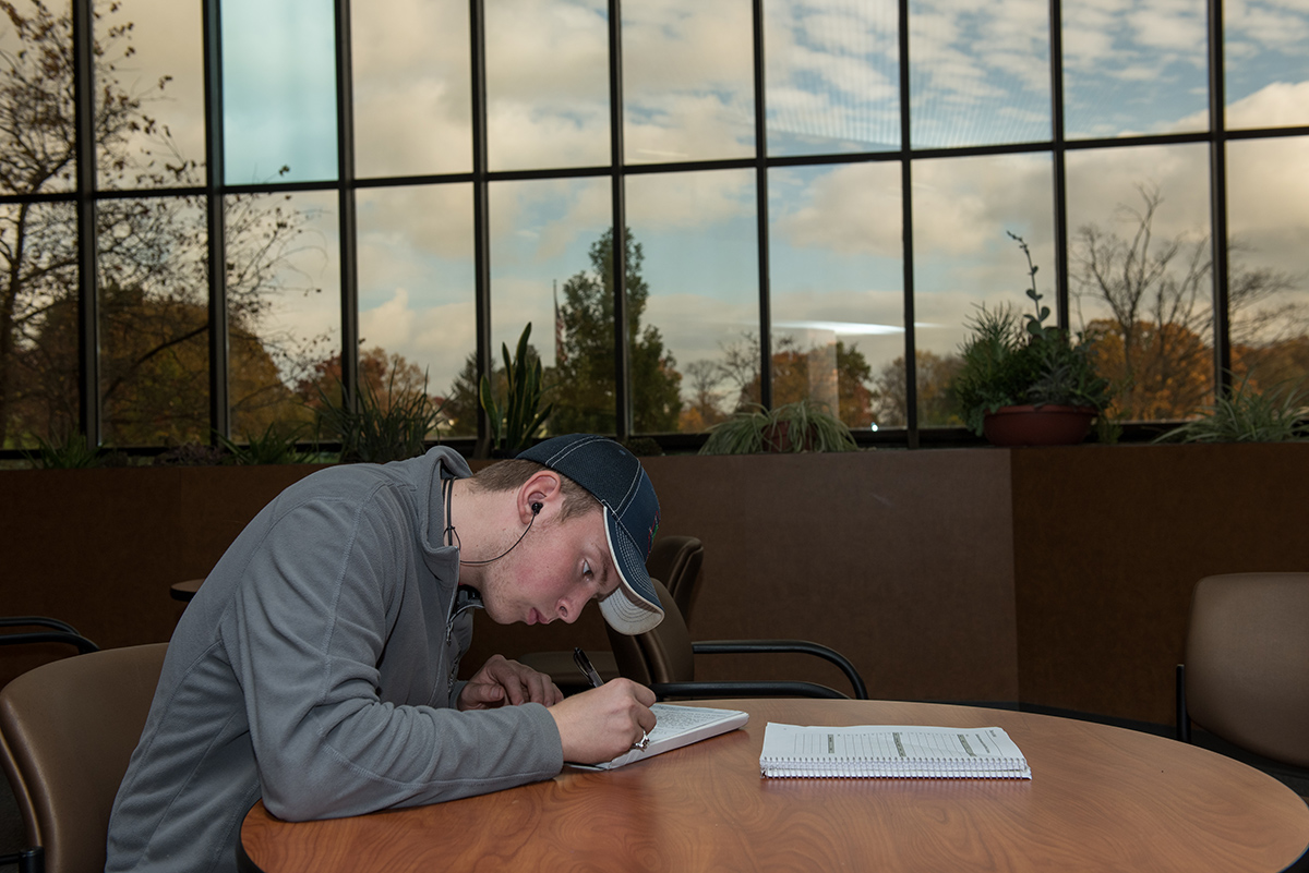 A student studies in a study space at CFAES Wooster.