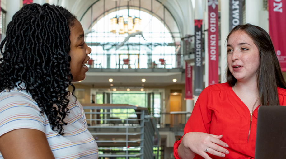 Ambrosia Havan meets with fellow student Grace Beedles, this year’s vice president of programming for BuckeyeThon. 