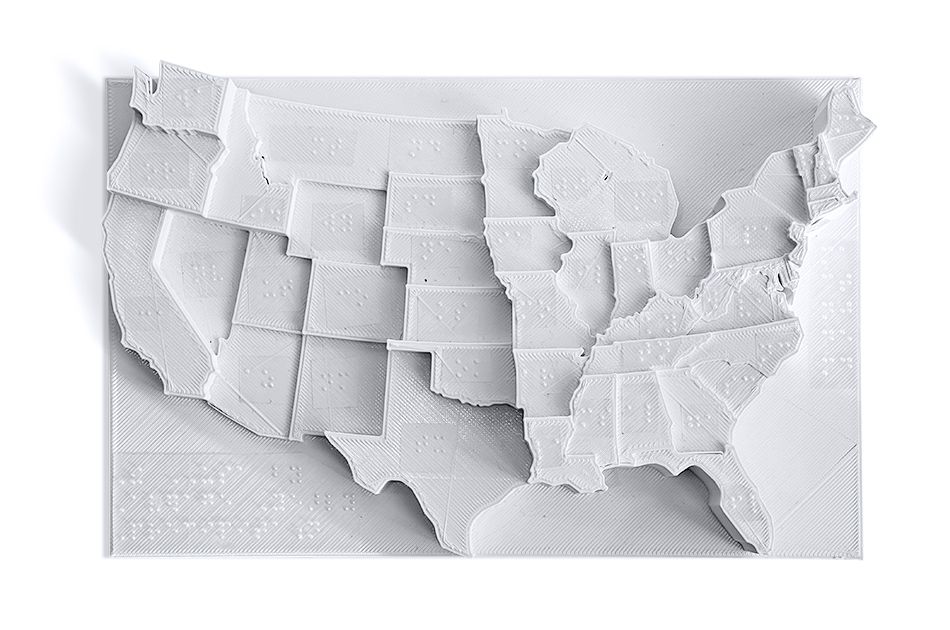 This model depicts average annual precipitation in the contiguous United States. Precipitation is represented in vertical scale: The taller the state, the more precipitation. States are identified in Braille.