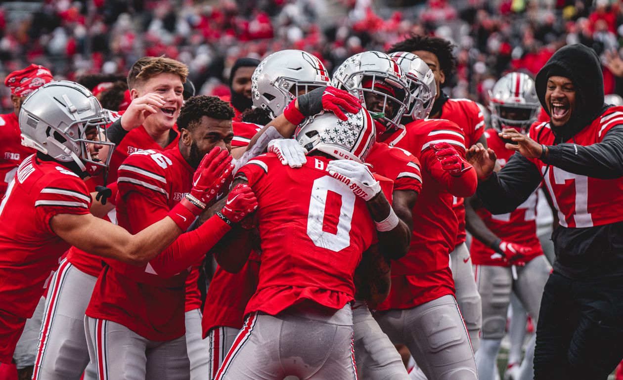 Ohio State football players celebrate after scoring a touchdown