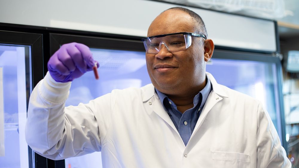Ohio State researcher Andre Palmer looks at a vial of the artificial blood he's developed.