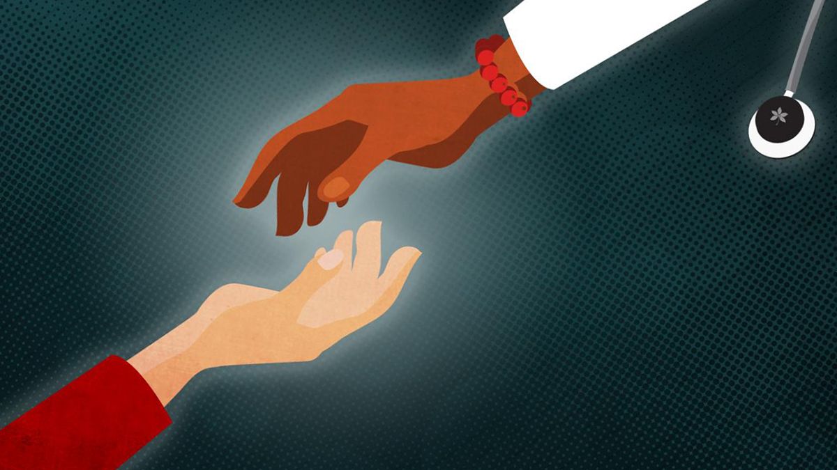 An illustration of two hands reaching out for each other