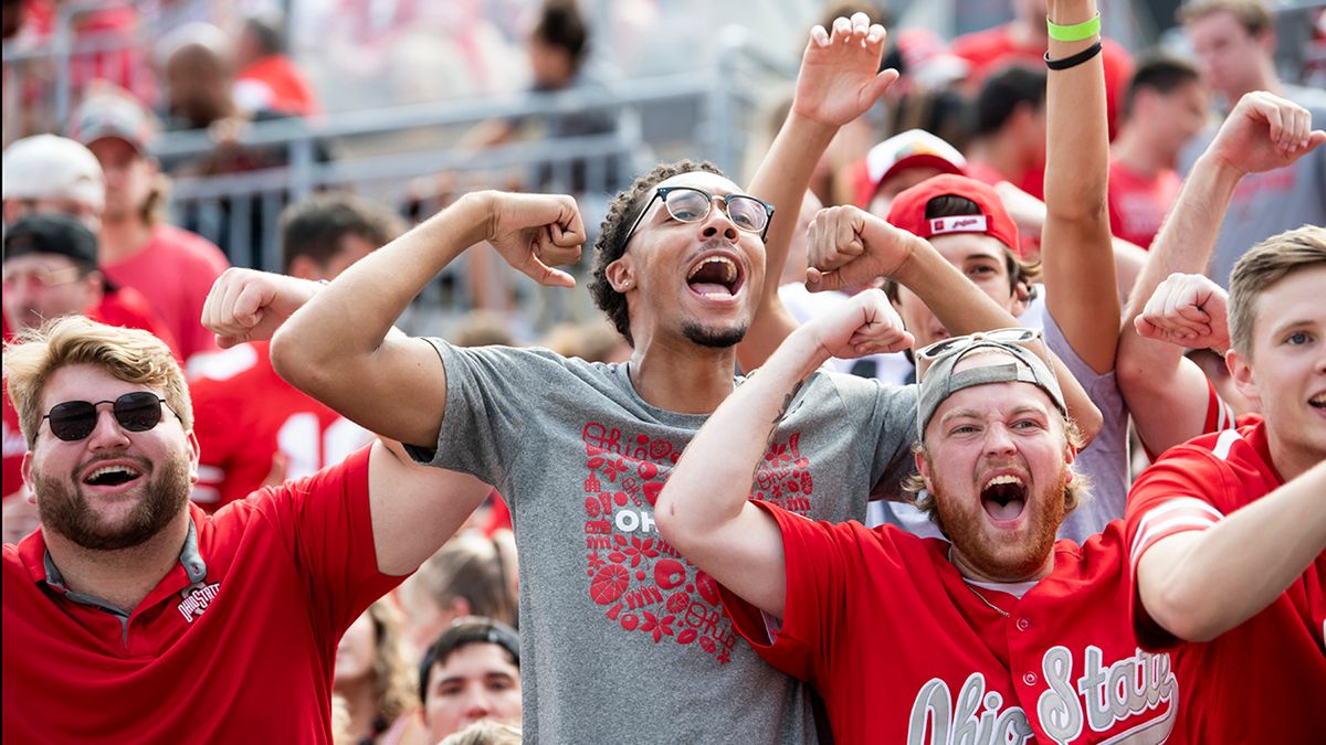 Fans cheer at a game at Ohio Stadium.