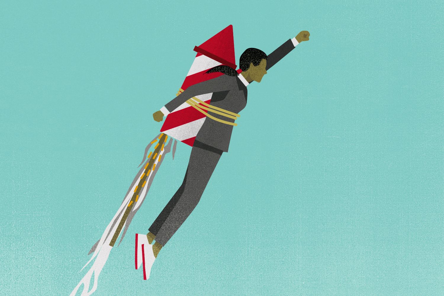 Illustration of woman soaring into the air tied to a rocket