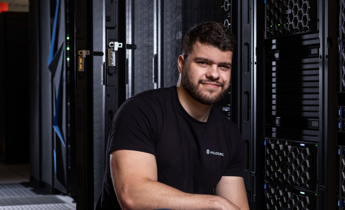 Ohio State student Addam Jensen at the Ohio Supercomputer Center.