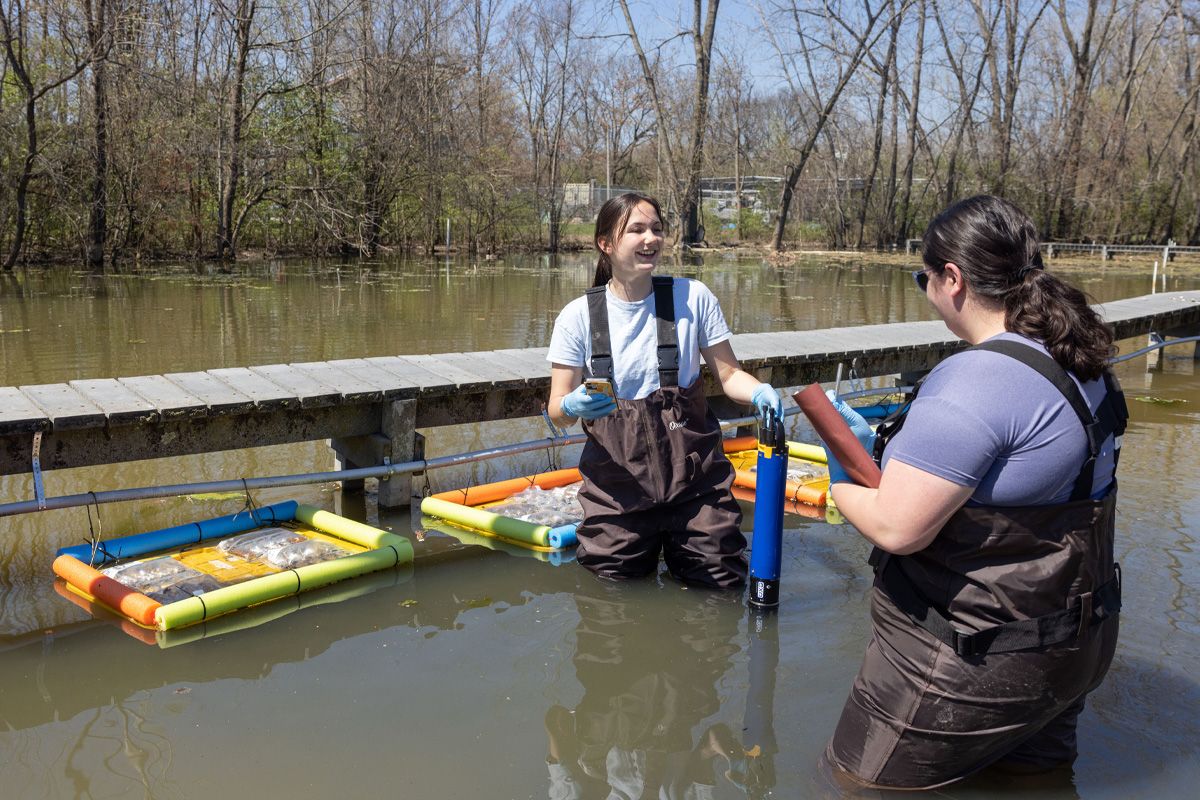 Mary Kate Rinderle and Meredith Laidly collect samples from wetlands.