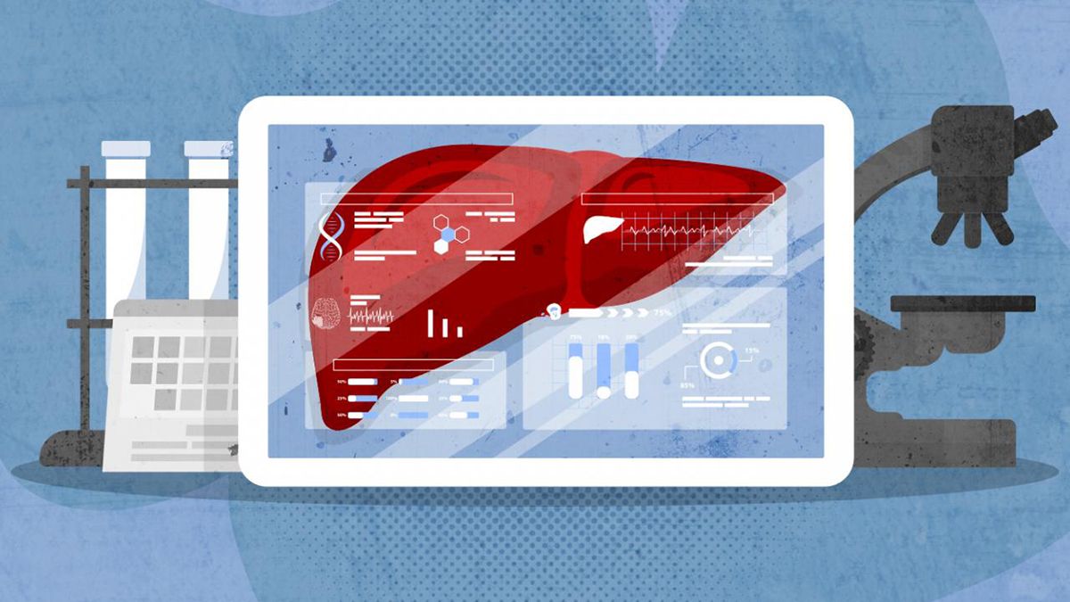 An illustration of medical data and instruments along with a liver