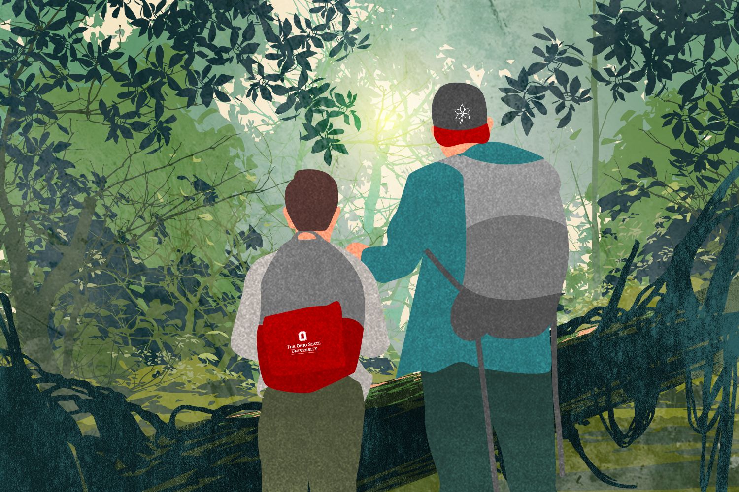 Father and son hiking into deep woods in warm weather watching for ticks. © 2021 The Ohio State University.