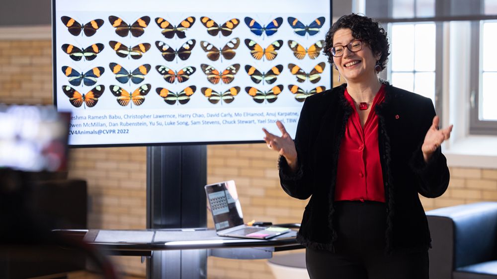 Researcher Tanya Berger-Wolf stands in front of a screen that is displaying butterflies.