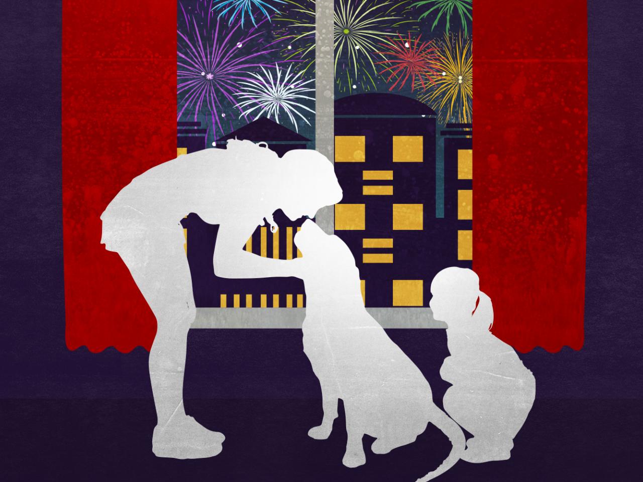 Illustration of a woman leaning down to her dog while a child is squatting on the floor next to them. There are buildings and fireworks through a window and into the background