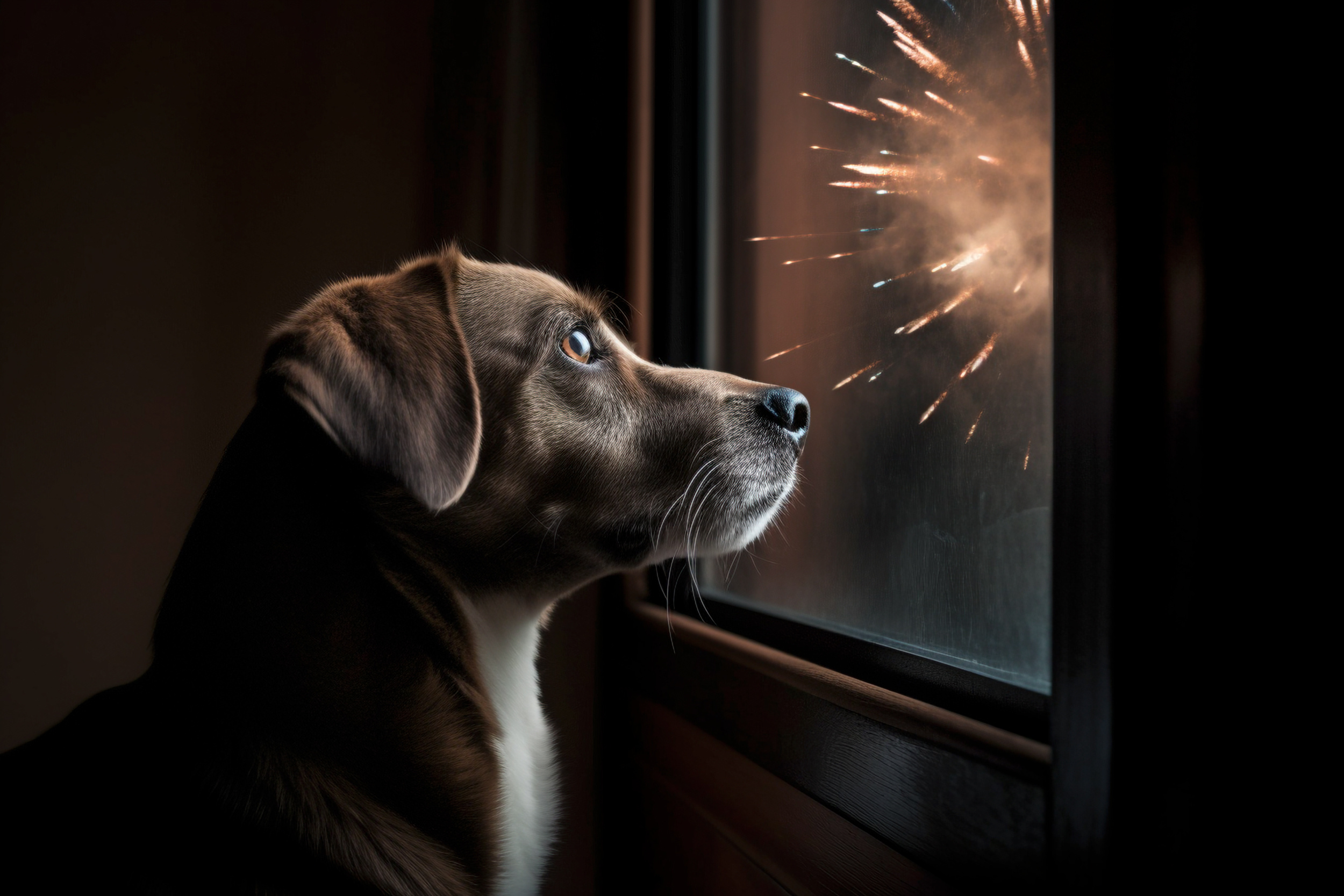 A dog looking at the window at fireworks
